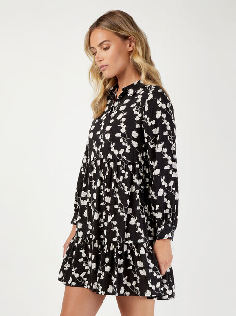 Isla Half Button Tiered Dress, Black, hi-res