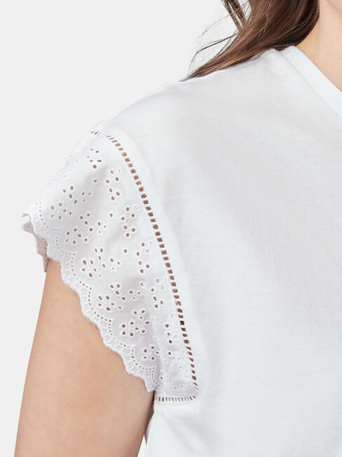 Beth Broderie Trim Tee, White, hi-res