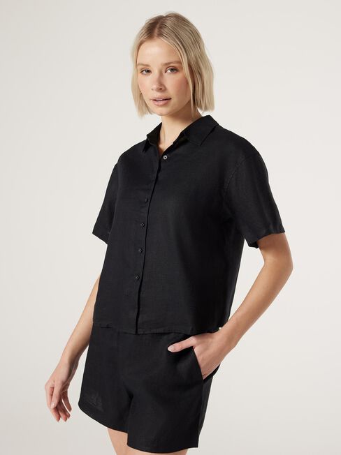 J-Luxe Classic Linen Relaxed Shirt, Black, hi-res