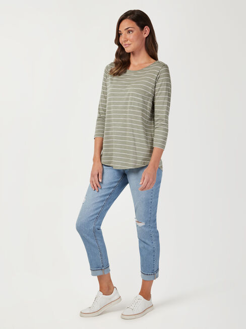 Essential Boatneck Tee, Green Stripe, hi-res