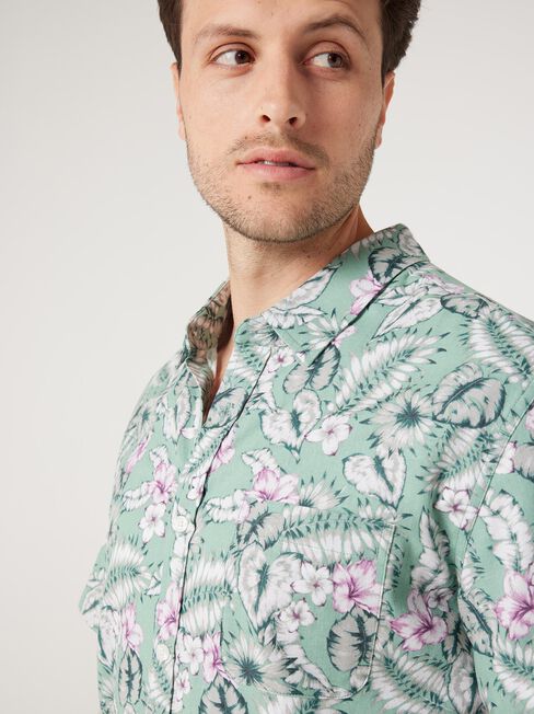 SS Mitchell Print Linen Shirt, Sea Mist Multi, hi-res