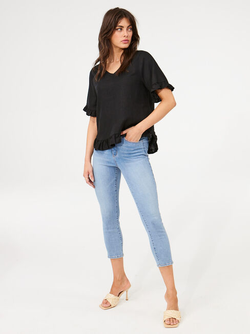 Ivy V-Neck Ruffle Top, Black, hi-res