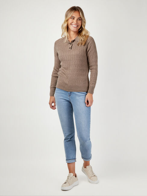 Zoey Half Button Polo Pullover, Brown, hi-res