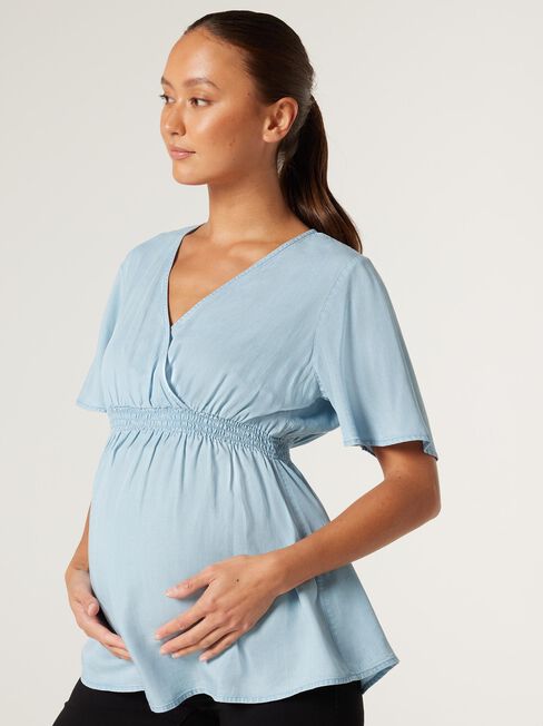 Bella Wrap Tencel Maternity Top, Chambray, hi-res