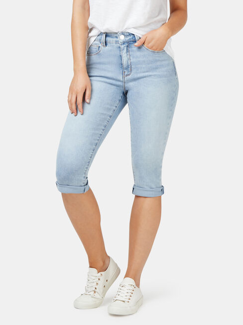 Mid Waisted Pedal Pusher Jeans Faded Blue, Light Indigo, hi-res