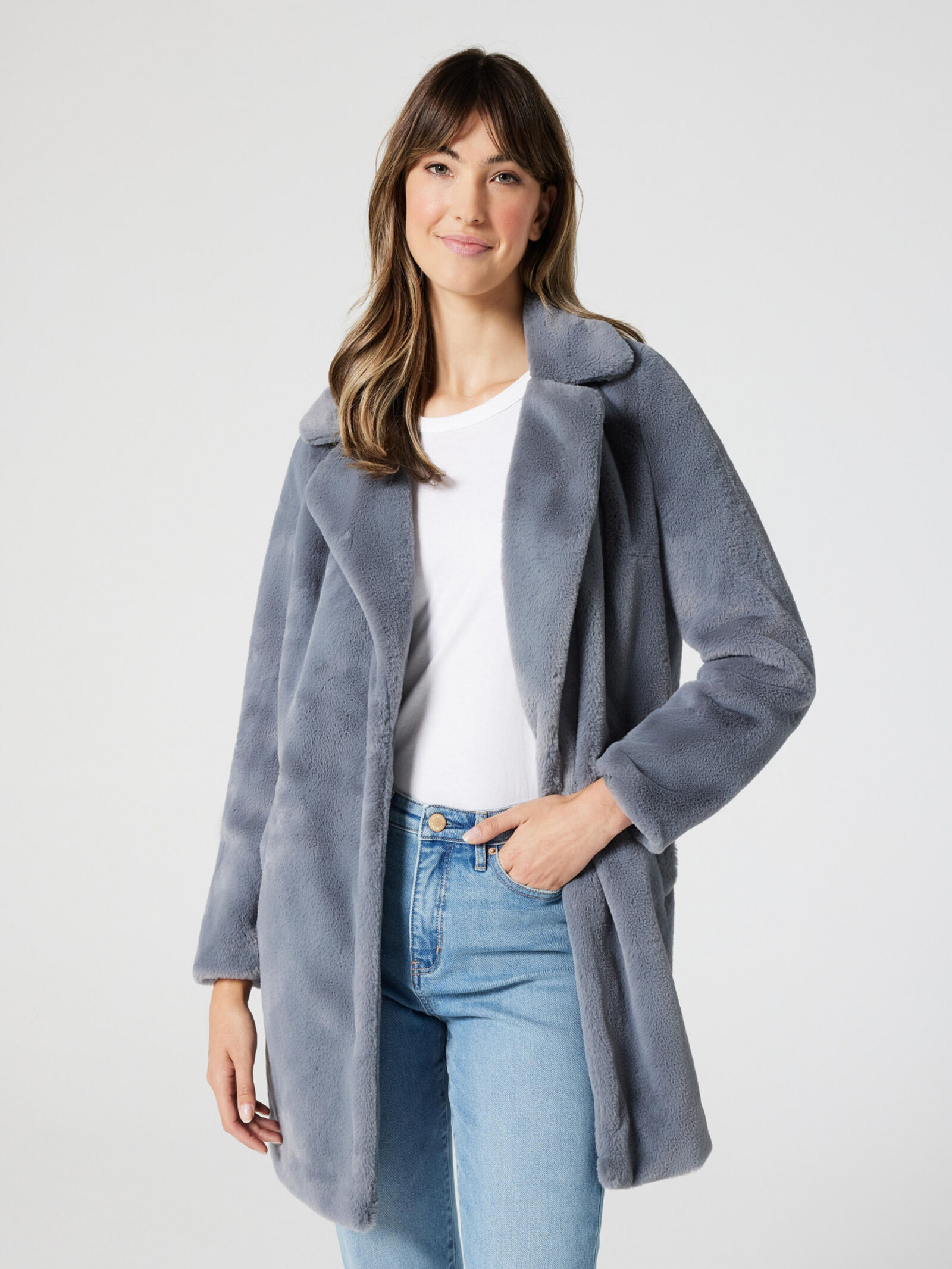 New look grey fur coat hot sale