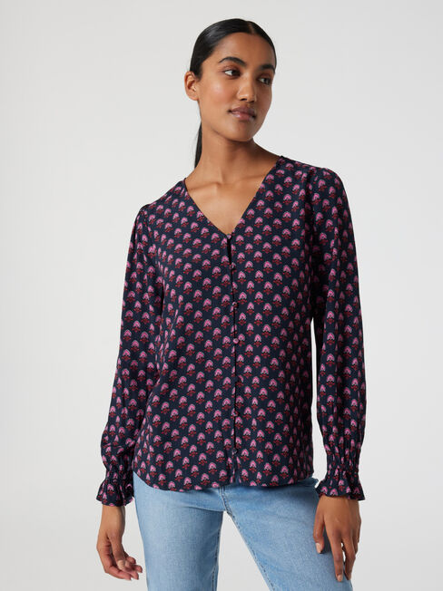Olive Button Down Blouse, Pink Geo, hi-res
