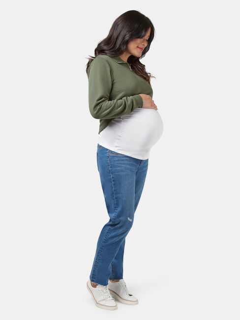 Pearl Zip Front Concave Sweat, Green, hi-res