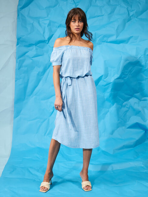 Bardot Off The Shoulder Dress, Stripe, hi-res