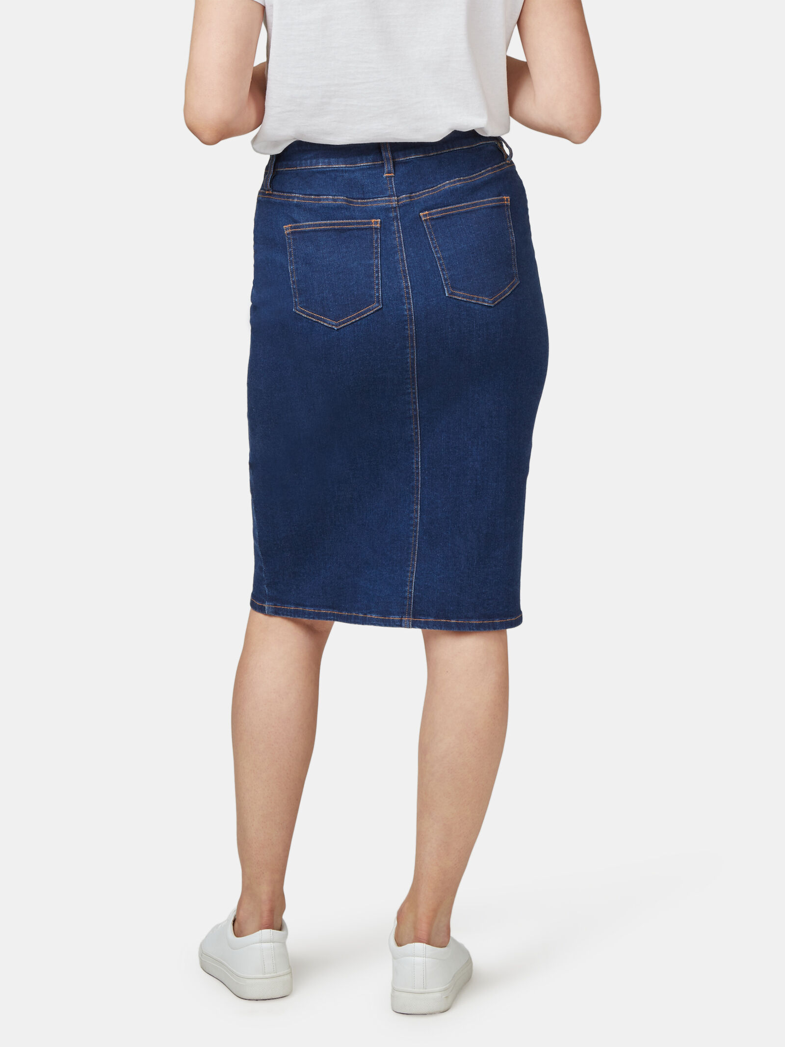 Knee length button through denim skirt shop