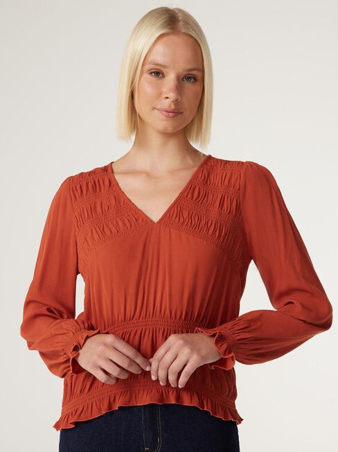 Mikayla Shirred Detail Top, Rust, hi-res