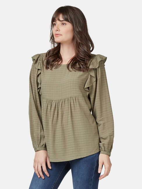 Liza Check Frill Top, Green, hi-res