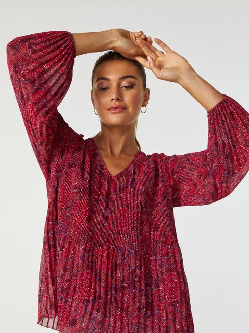 Penny Pleated V-Neck Top, Red, hi-res