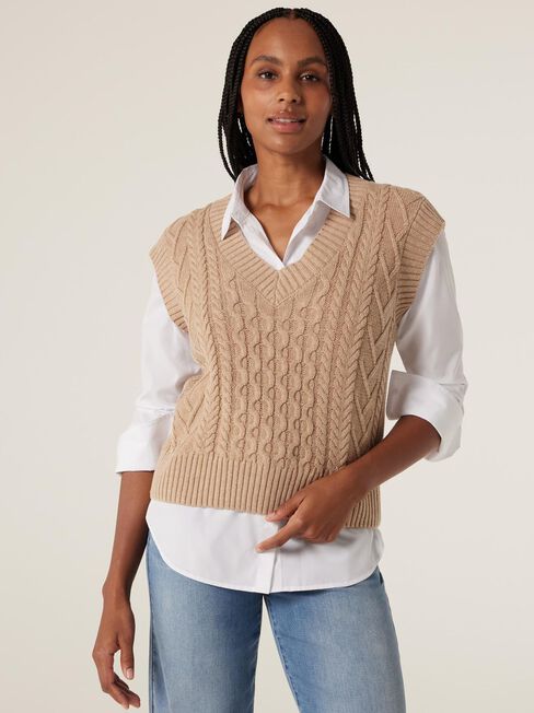 Isadora Cable Vest, Camel Marle, hi-res