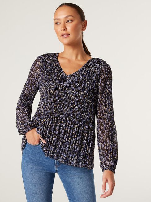 Penny Pleated V-Neck Top, Midnight Ditsy, hi-res