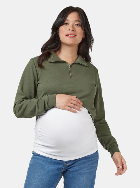 Pearl Zip Front Concave Sweat, Green, hi-res