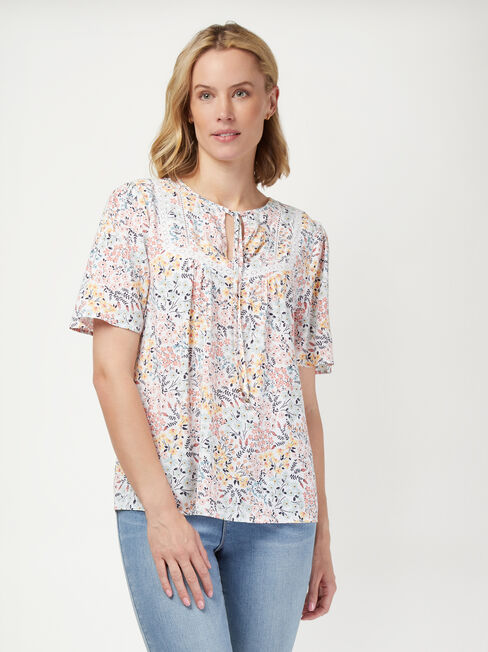 Tara Short Sleeve Peasant Blouse, Floral, hi-res