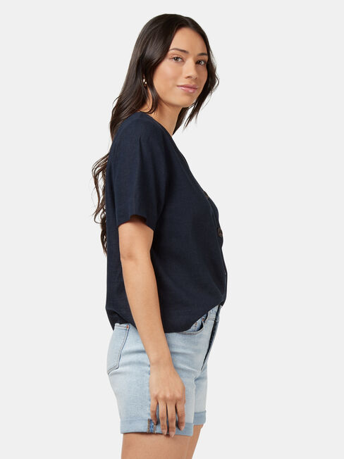 Carrie Button Front Linen Tee, Blue, hi-res