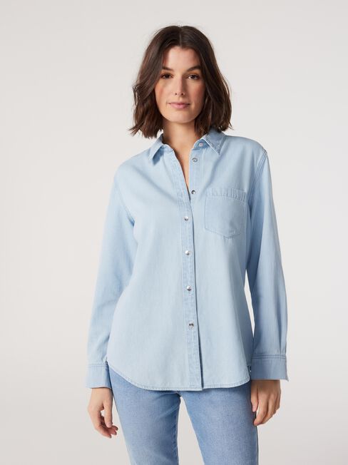 Mia Essential Denim Shirt, Blue, hi-res