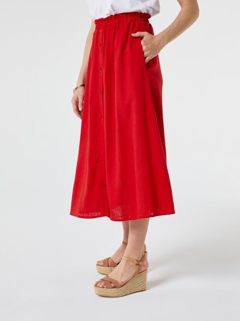 Collette Ruched Waist Midi Skirt, Red, hi-res