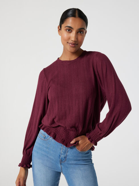Jemma Soft Touch Shirred LS Top, Merlot, hi-res