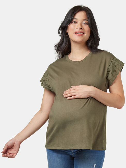 Elle Broderie Maternity Tee, Green, hi-res
