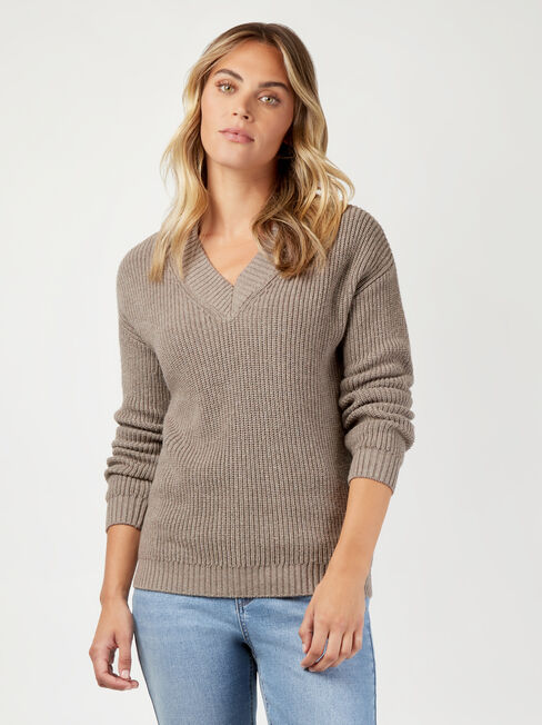 Logan V-Neck Chunky Knit, Brown, hi-res