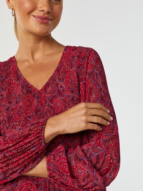 Penny Pleated V-Neck Top, Red, hi-res