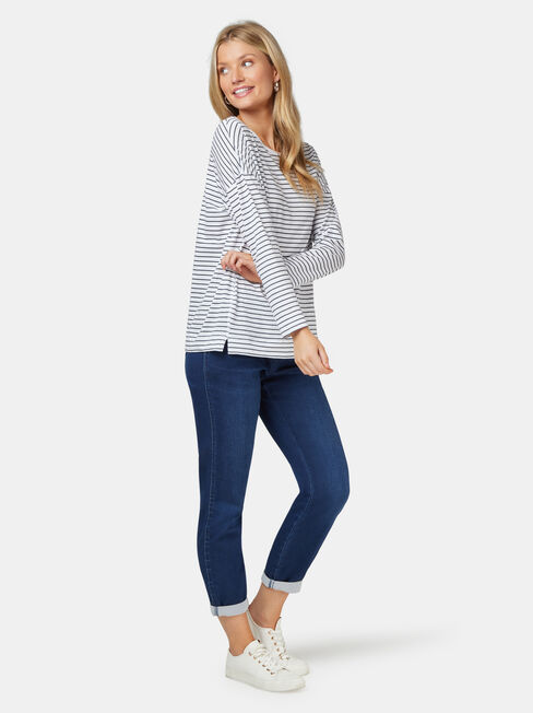 3/4 Sleeve Drop Shoulder Tee, Blue Stripe, hi-res