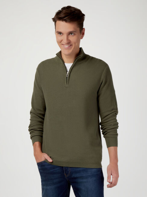 Avalon Funnel Zip Neck Waffle Knit, Green, hi-res