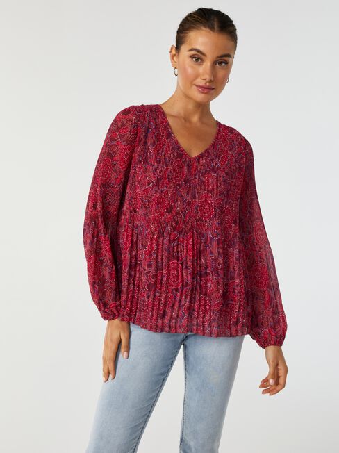 Penny Pleated V-Neck Top, Red, hi-res