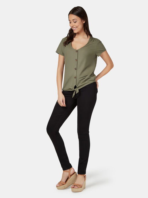 Olivia Button Tie Front Tee, Green, hi-res