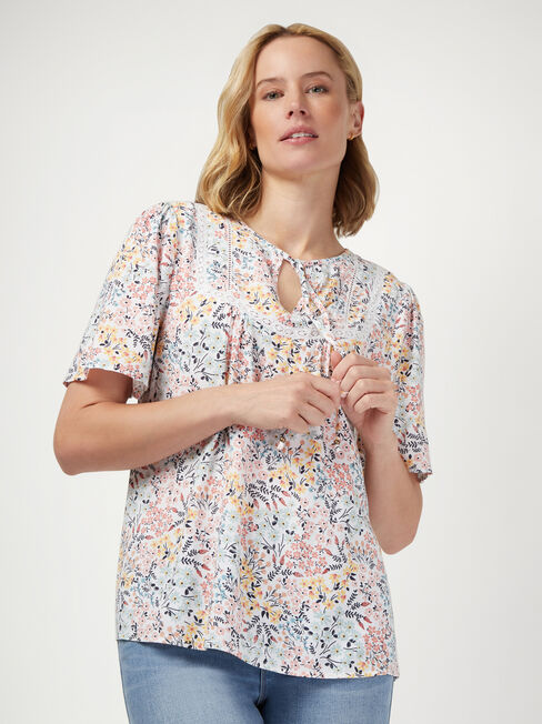 Tara Short Sleeve Peasant Blouse, Floral, hi-res