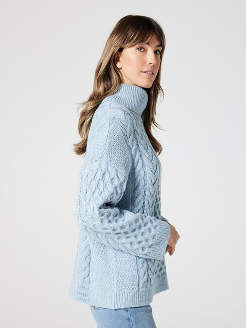 Sisi Cowl Neck Cable Knit Pullover, Powder Blue, hi-res