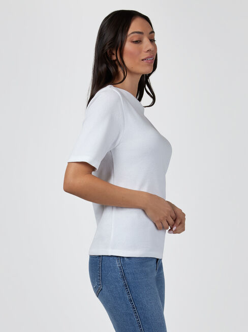 Rib Elbow Sleeve Boatneck Tee, White, hi-res