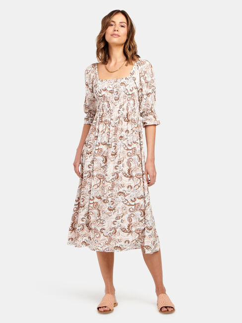 Shell Shirred Bust Dress, Print, hi-res