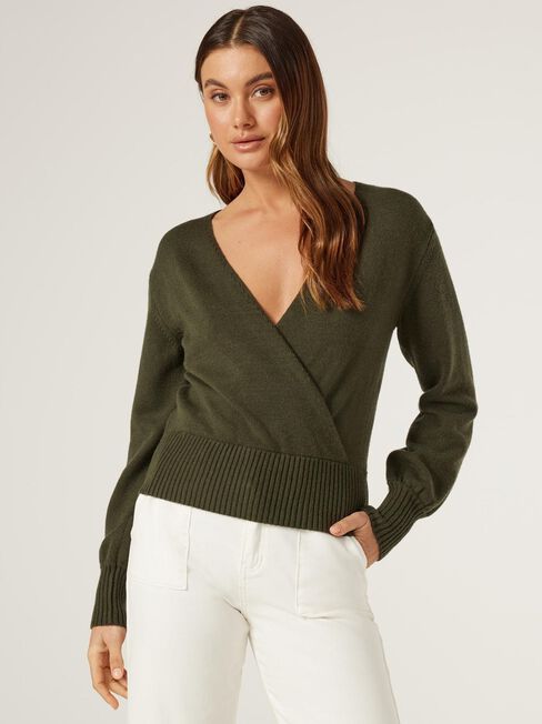 Ellie Basque Hem Cross Over Knit, Green, hi-res