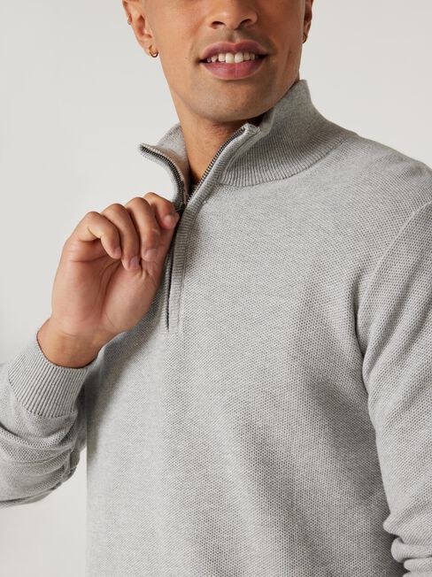 Avalon Funnel Zip Neck Waffle Knit, Grey Marle, hi-res