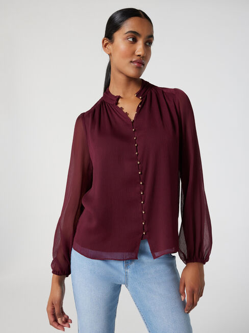 Liv Long Sleeve Button Detail Blouse, Merlot, hi-res