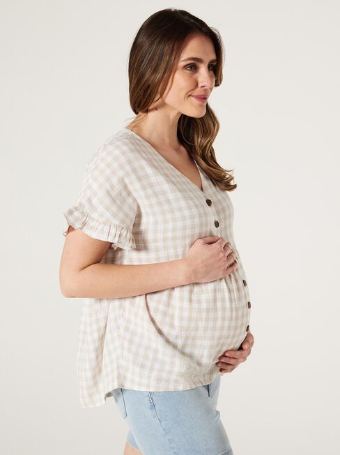 CONNIE  BUTTON THROUGH MATERNITY TOP, Oatmeal, hi-res