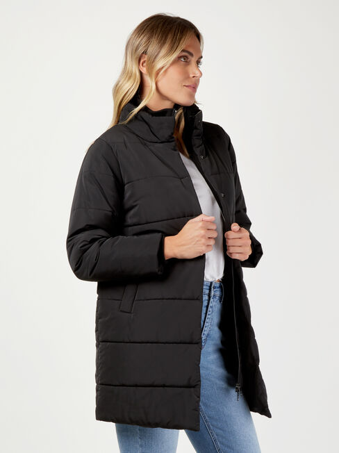 Ira Double Zip Longline Padded Jacket, Black, hi-res