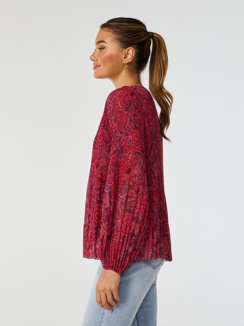 Penny Pleated V-Neck Top, Red, hi-res