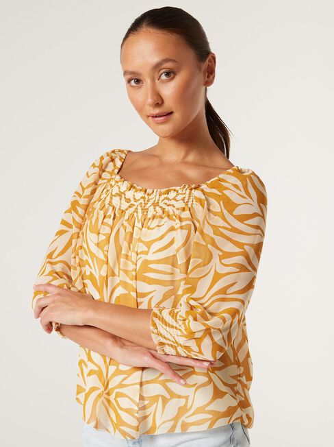 Steph Square Neck Shirred Blouse, Golden Leaf, hi-res