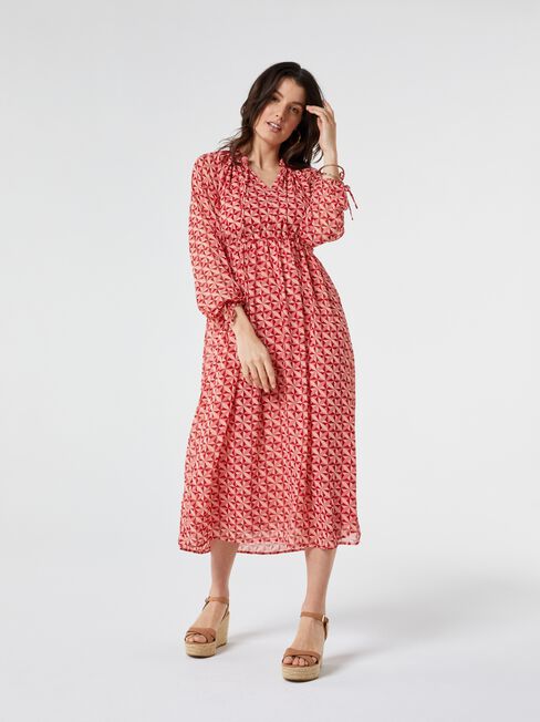 Bexley Tie Neck Maxi Dress, Red, hi-res