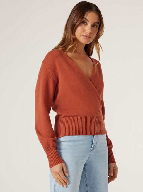 Ellie Basque Hem Cross Over Knit, Orange, hi-res