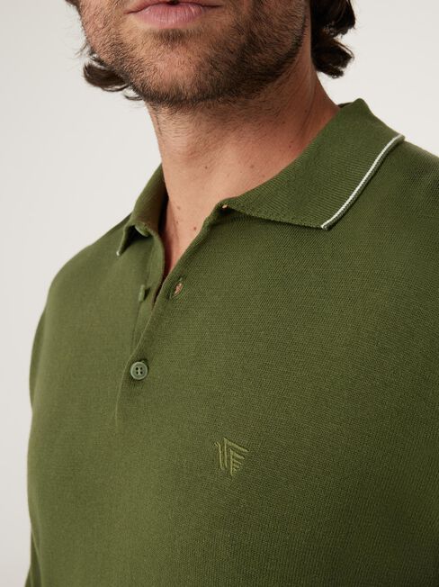 Eric Tipped Long Sleeve Polo, Olive, hi-res