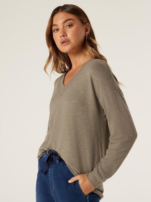 Viv Soft Touch V Neck Pullover, Khaki Marle, hi-res