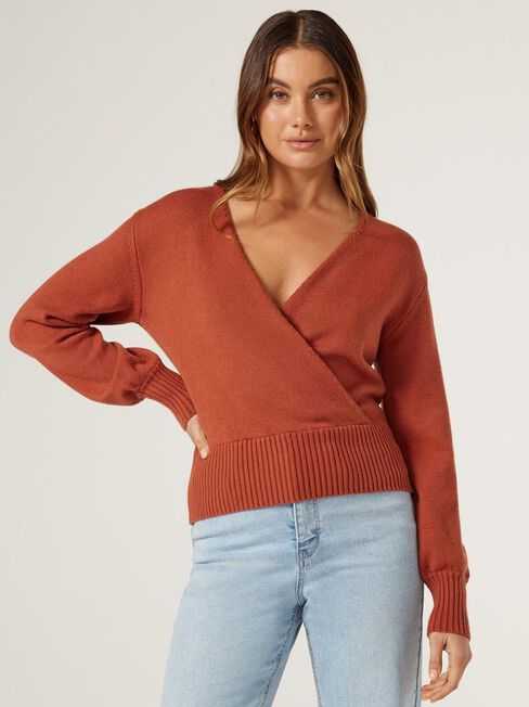 Ellie Basque Hem Cross Over Knit, Orange, hi-res