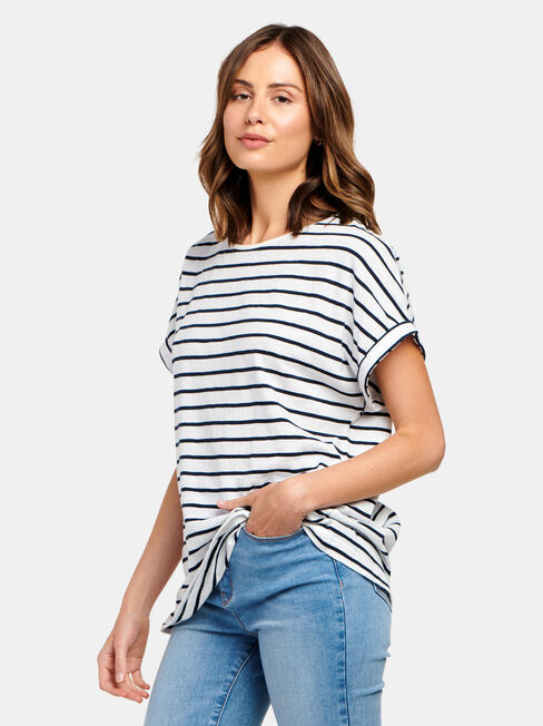 Drop Shoulder Tee, White & Navy Stripe, hi-res