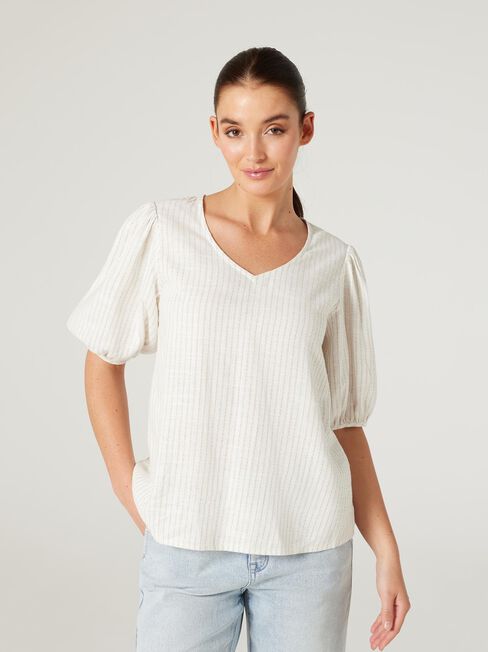 Maya V-Neck Top, Oat Stripe, hi-res